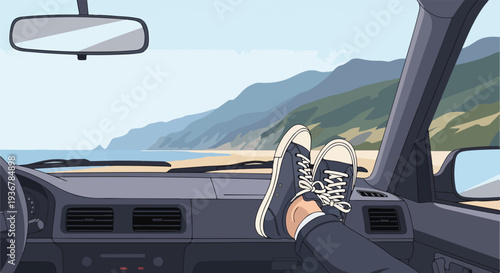 Relaxed traveler enjoying a scenic coastal road trip from the car's interior, feet propped on the dashboard overlooking a beautiful beach and ocean view.