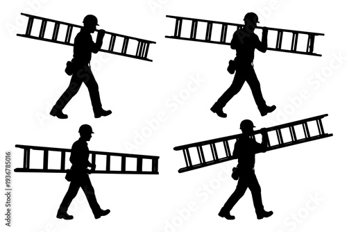 Silhouettes of construction workers carrying ladders.