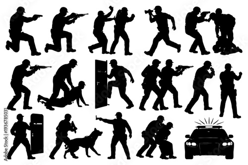 Silhouettes of tactical police officers in action with equipment and k9 unit.