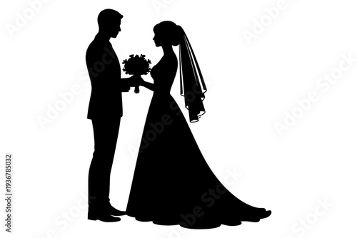 Silhouette of caucasian male and female adults in wedding attire holding bouquet.