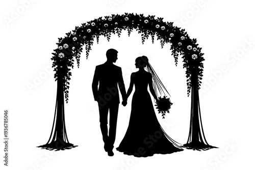 Silhouette of bride and groom under floral archway at wedding ceremony.