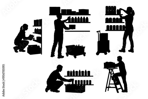 Silhouettes of diverse grocery workers organizing shelves and stocking products.