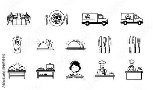 Modern catering hospitality outline icon set with buffet and food service symbols