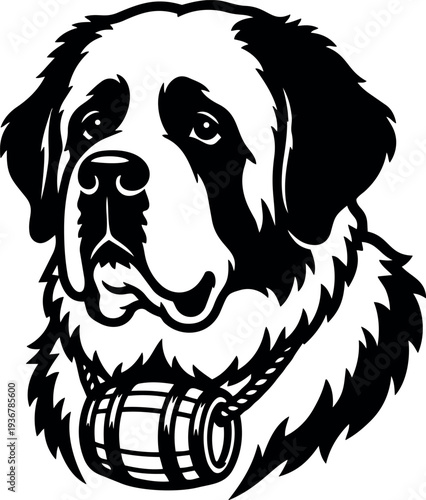 Tattoo flash st bernard dog close up head with barrel on collar looking up bold black linework vector art illustration