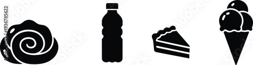 Black and white flat vector icons of cinnamon roll water bottle cake slice and ice cream cone for bakery cafe menu design.