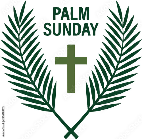 Palm Sunday green cross with palm fronds Christian faith observance victory peace spirituality vector illustration design