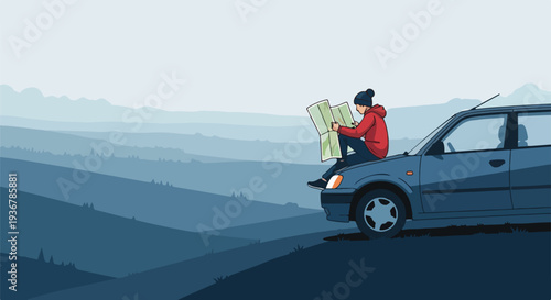 Young traveler sitting on car hood, studying a paper map amidst serene blue mountain landscapes. Road trip adventure and navigation concept.