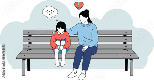 Mother Comforting Sad Child on Park Bench Emotional Support Vector Illustration