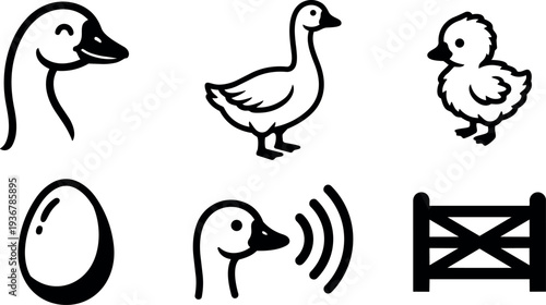 Line art set of six goose and duck icons showing smiling goose head walking goose gosling egg farm gate honk