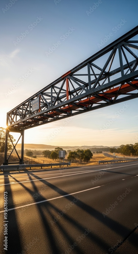 Fototapeta premium Dramatic Highway Bridge Structure at Sunrise with Dynamic Light and Scenic Landscape Backdrop