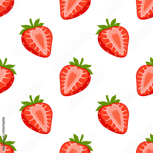 Cute seamless pattern with sliced ​​strawberry halves. Fresh juicy berries on white background. Flat vector illustration.