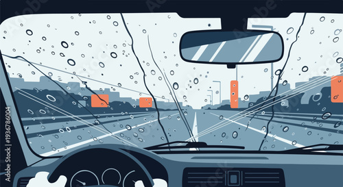 POV from car interior on a rainy day, looking through wet windshield with active wipers. Raindrops on glass, blurred highway ahead, challenging weather, low visibility.