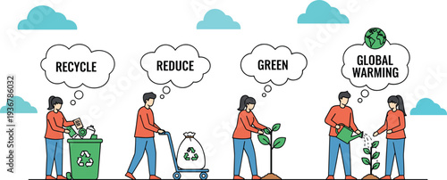 People Practicing Recycle Reduce and Green Actions for Environmental Protection Vector Illustration