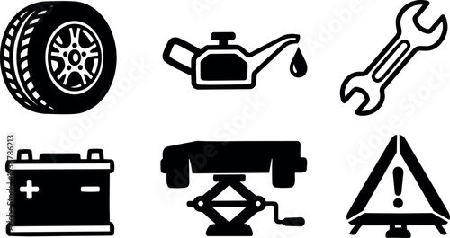 Flat design automotive maintenance icon set showing tire oil can wrench battery car jack warning triangle black silhouette side view