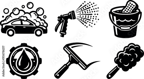 Flat design car wash icon set six black and white symbols showing soapy car spray nozzle bucket squeegee water drop