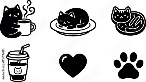 Flat design cute cat icon set with coffee cup sleeping cat donut cat takeaway cup heart and paw simple black