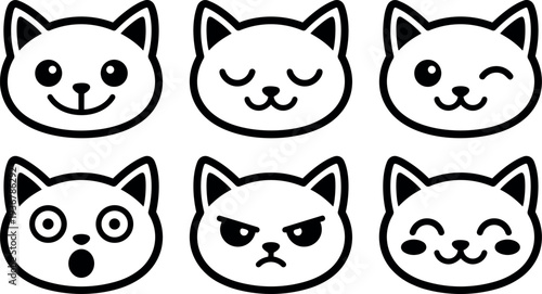 Line art vector cat emoji set six expressions close up bold outline icons arranged two rows three columns expressive faces