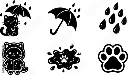 Flat design close up cat holding umbrella wearing raincoat sitting beside paw print puddle with falling raindrops cute playful icon
