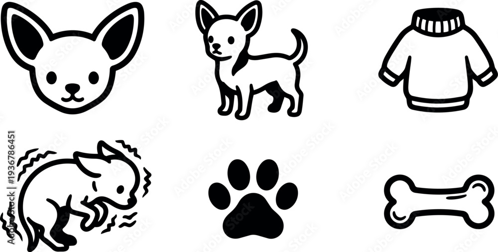 Obraz premium Chihuahua icon set flat vector chihuahua head standing dog shivering sweater paw bone simple black line art cute minimal collection