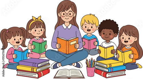 Teacher Reading Book to Happy Children Sitting Together Study Time Cartoon Vector Illustration