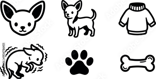 Chihuahua icon set flat vector chihuahua head standing dog shivering sweater paw bone simple black line art cute minimal collection
