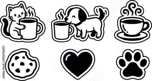 Cute sticker vector set of cat and dog with coffee mug cookie heart and paw icons in bold line art