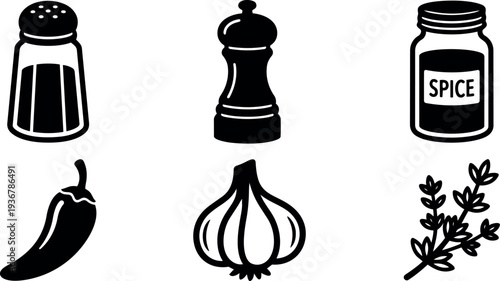 Minimal flat vector spice icons salt shaker and pepper mill with spice jar chili garlic bulb and herb sprig silhouettes