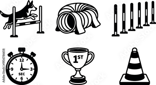 Flat design dog agility icon set showing jumping husky over hurdle tunnel weave poles stopwatch trophy and cone isolated vector