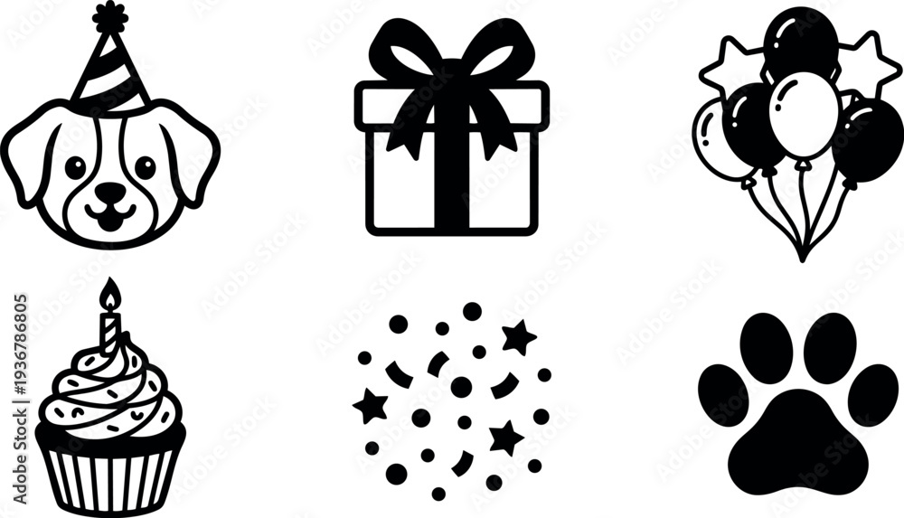 Fototapeta premium Flat design party pet icon set showing happy dog with party hat gift box balloons cupcake confetti and paw print