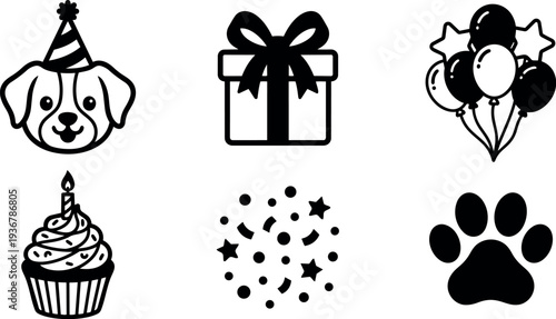 Flat design party pet icon set showing happy dog with party hat gift box balloons cupcake confetti and paw print