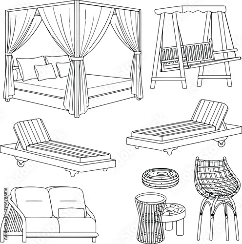 Outdoor furniture line art set vector illustration