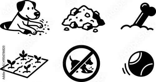 Flat design close up dog digging icon with dirt pile bone garden no dog symbol and bouncing ball in set
