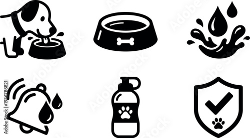 Minimalist vector pet water icon set dog drinking bowl splash bell bottle and paw shield simple black flat line icons