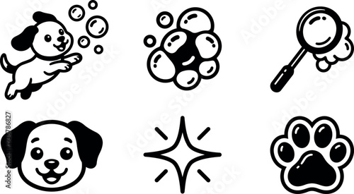 Flat design playful dog icon set showing jumping puppy bubbles paw print magnifying glass sparkle and smiling face in black