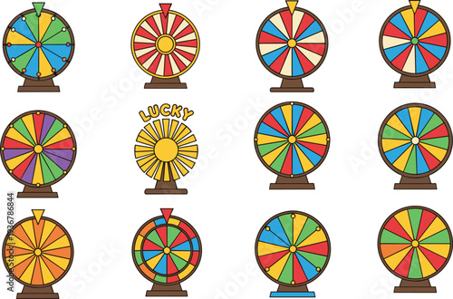 Colorful Fortune Prize Wheel Spinner Set for Game Show Carnival Lucky Draw Contest Casino Promotion and Entertainment Vector Illustration.