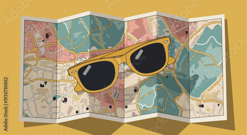 Yellow sunglasses resting on a folded vintage city map, symbolizing travel and vacation planning, with a warm background.