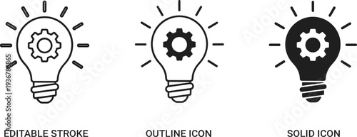 Innovation and creative idea icon set, light bulb with gear symbol, inspiration and engineering concept, cad drawing flat vector illustration