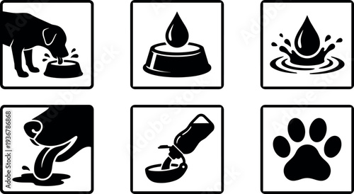 Flat design set of pet water icons showing dog drinking bowl pouring droplet paw print close up simple black silhouettes