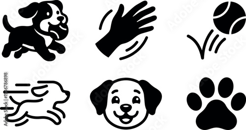 Flat design set of six black dog icons showing running puppy flying ball paw smiling face and clapping hand motion