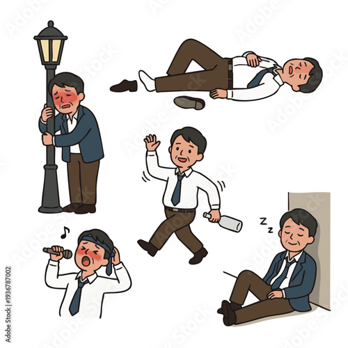 お酒を飲みすぎて泥酔したサラリーマンのコミカルな失態シーンセット