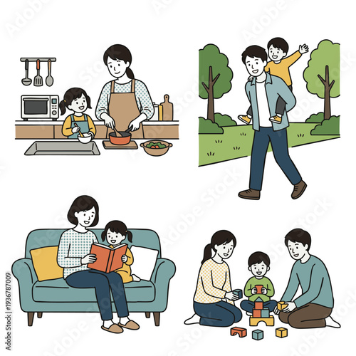 料理や公園遊び、読み聞かせを通して触れ合う幸せな家族の日常