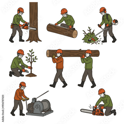 チェーンソーでの伐採や苗木の植樹など林業の様々な仕事風景のイラストセット