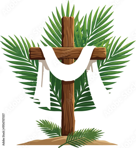 Wooden cross draped with white cloth and palm fronds Christian Easter Palm Sunday faith resurrection symbolism vector illustration