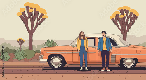 Vintage desert road trip illustration: a couple stands beside a classic orange car with iconic Joshua trees, evoking retro travel and adventure.