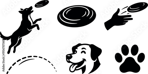 Flat design jumping dog catching frisbee from throwing hand closeup playful outdoor silhouette with bold motion lines minimal black white