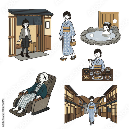 浴衣姿で温泉街を歩いたり露天風呂や豪華な食事を楽しむ女性の温泉旅行セット