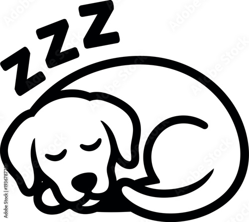 Minimalist line art curled sleeping dog with zzz above head side view simple black and white icon badge outline
