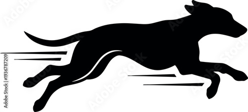 Minimal vector silhouette side view greyhound dog leaping in full stride with motion lines on white background energetic