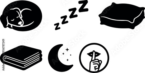Flat design sleeping icons set with curled dog pillow blanket moon zzz shushing symbol simple black vector circle badge collection