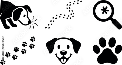 Flat design close up dog sniffing paw print trail magnifying icon set smiling dog face and paw silhouette minimal icons